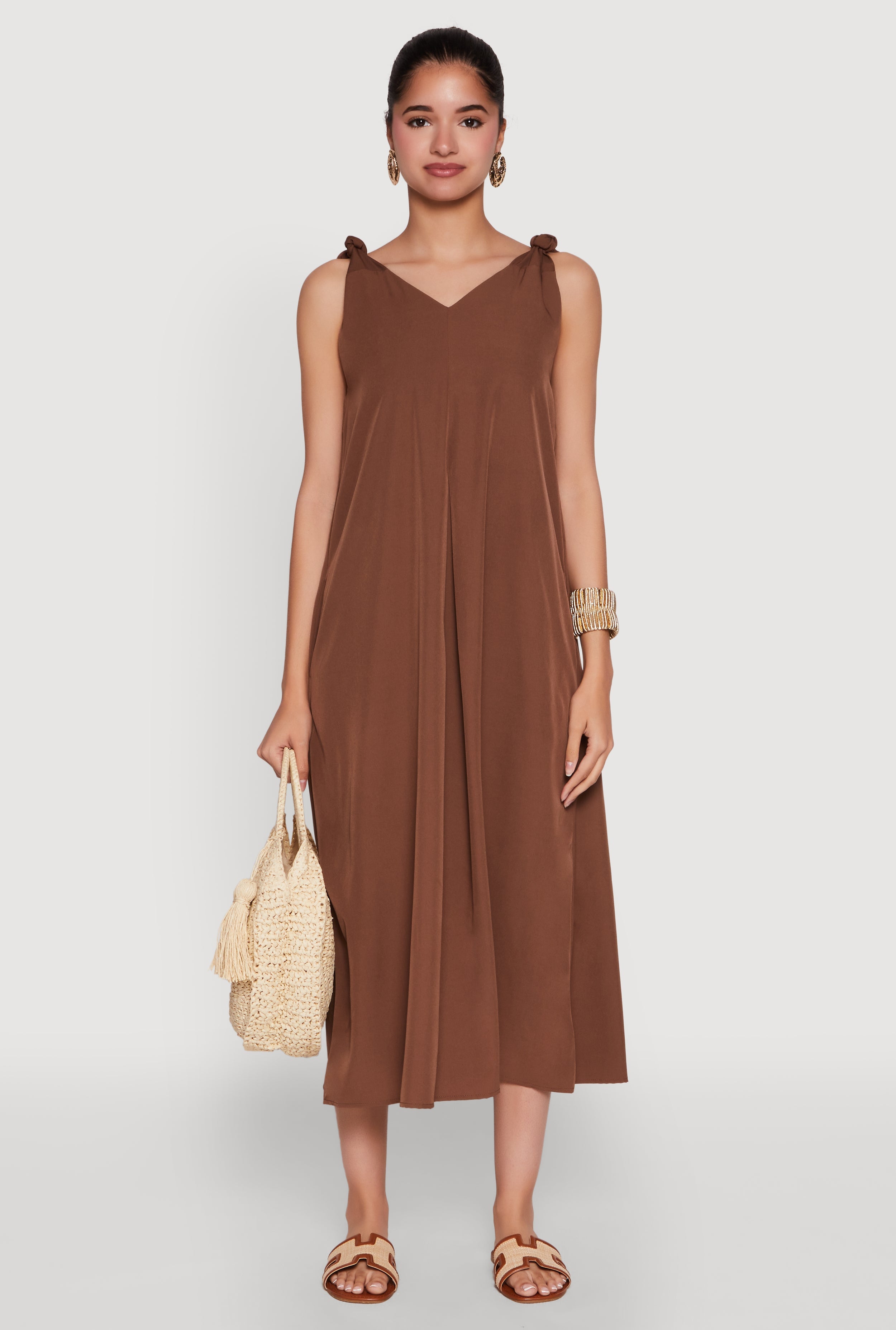 Chic V-Neck Knot Strap Pleated Detail Sundress for Summer
