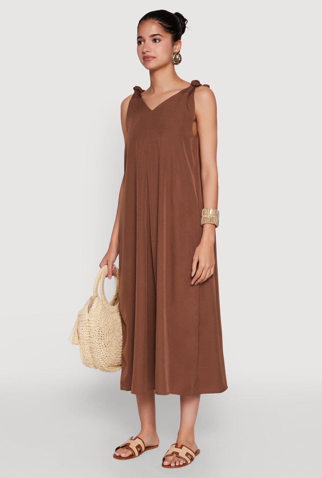 Chic V-Neck Knot Strap Pleated Detail Sundress for Summer