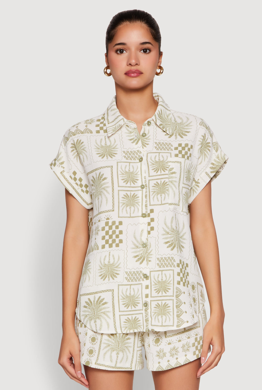 Palm Tree Print Fixed Cuff Shirt