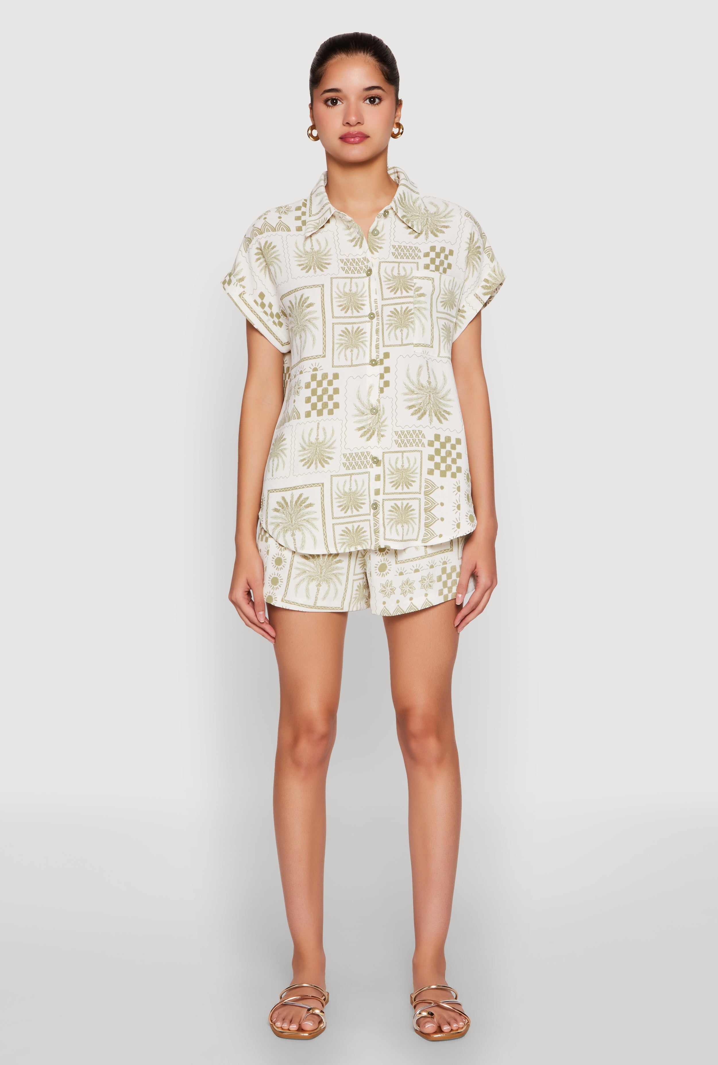 Palm Tree Print Fixed Cuff Shirt