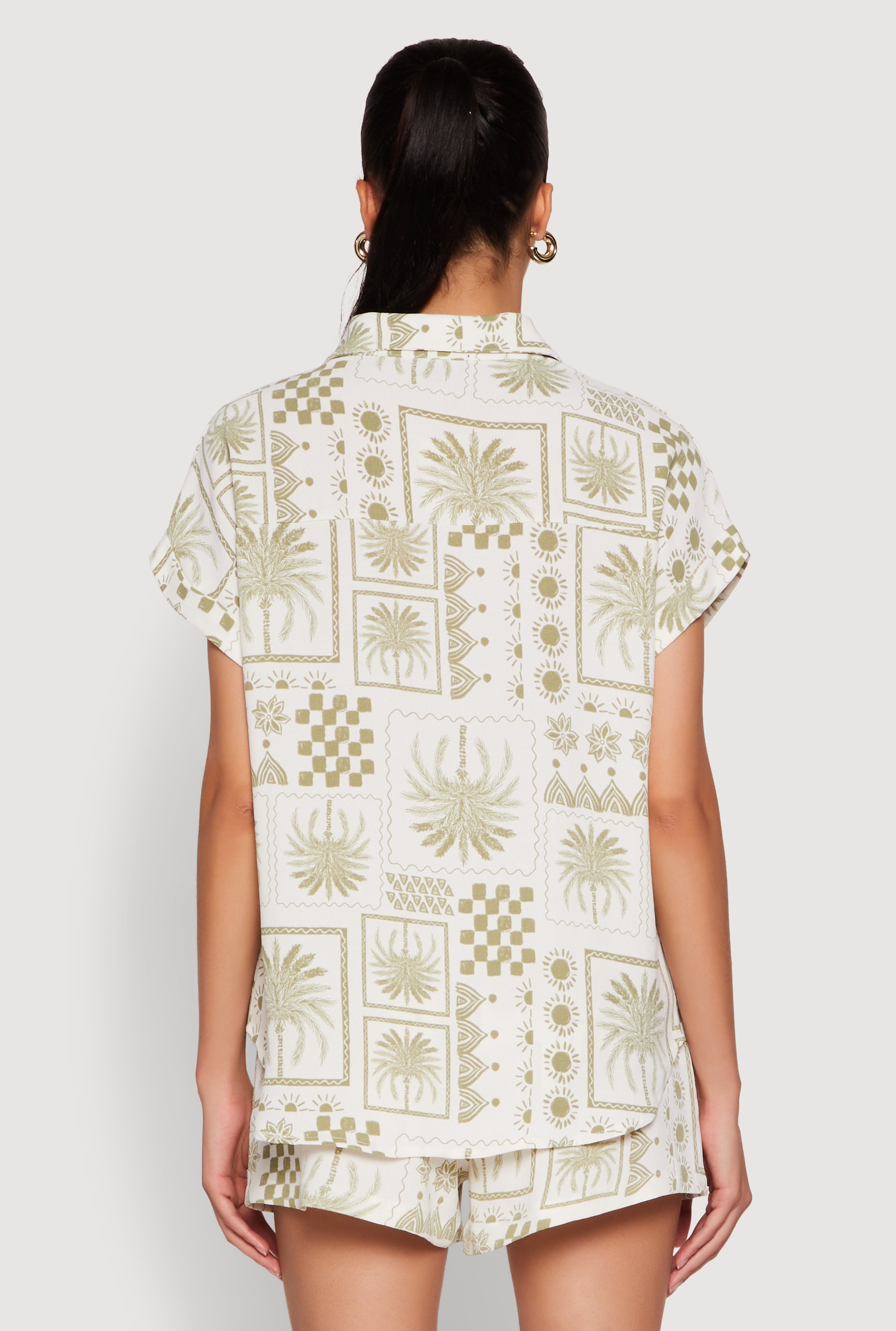 Palm Tree Print Fixed Cuff Shirt
