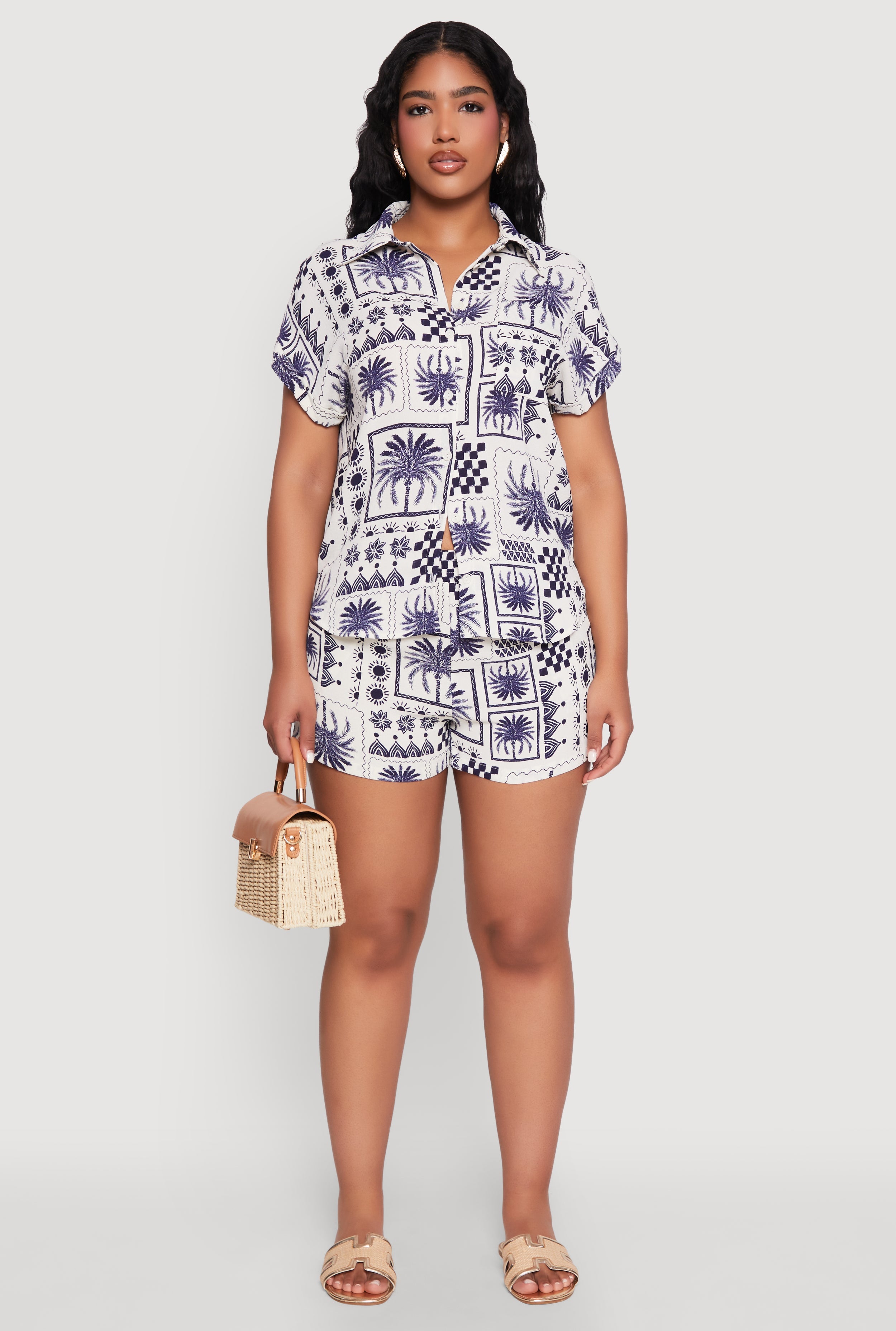 Palm Tree Print Fixed Cuff Shirt