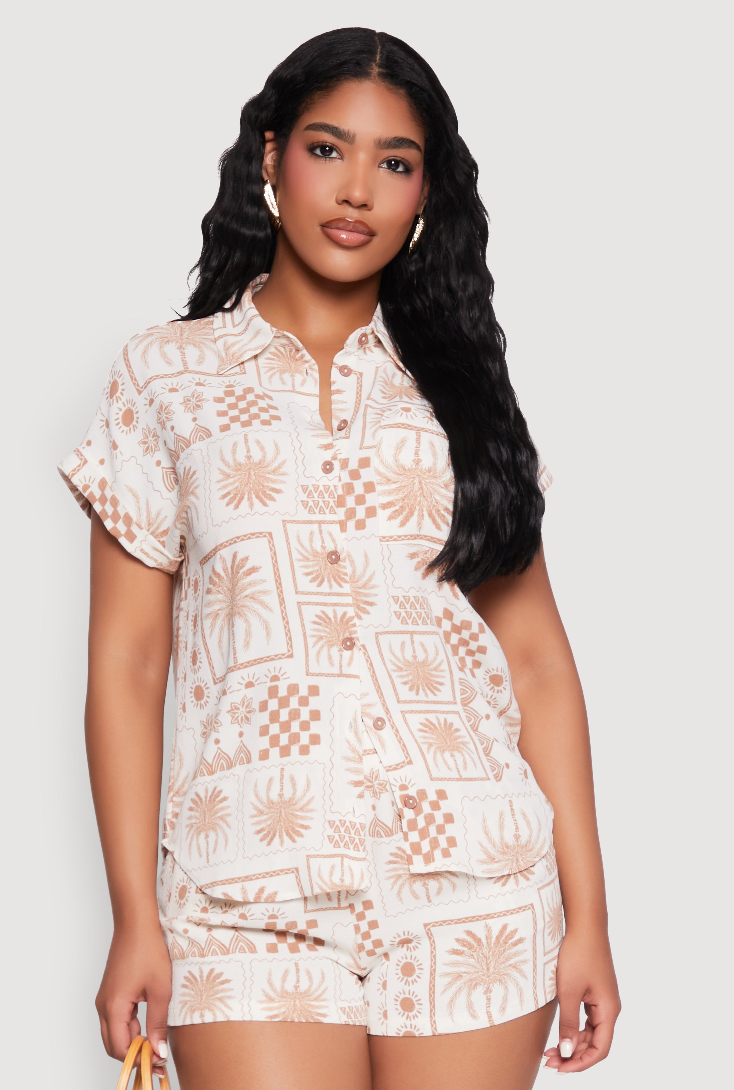 Palm Tree Print Fixed Cuff Shirt