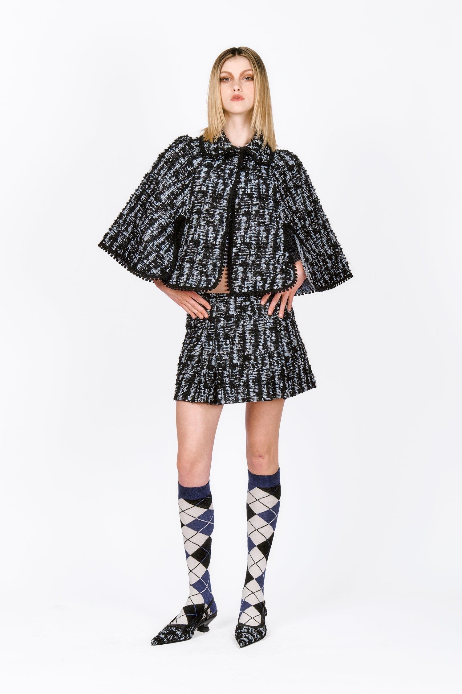 Cornflower Tweed Pleated Mini Skirt