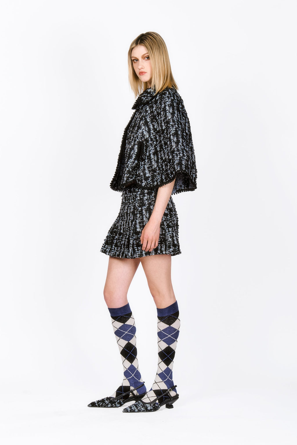 Cornflower Tweed Pleated Mini Skirt