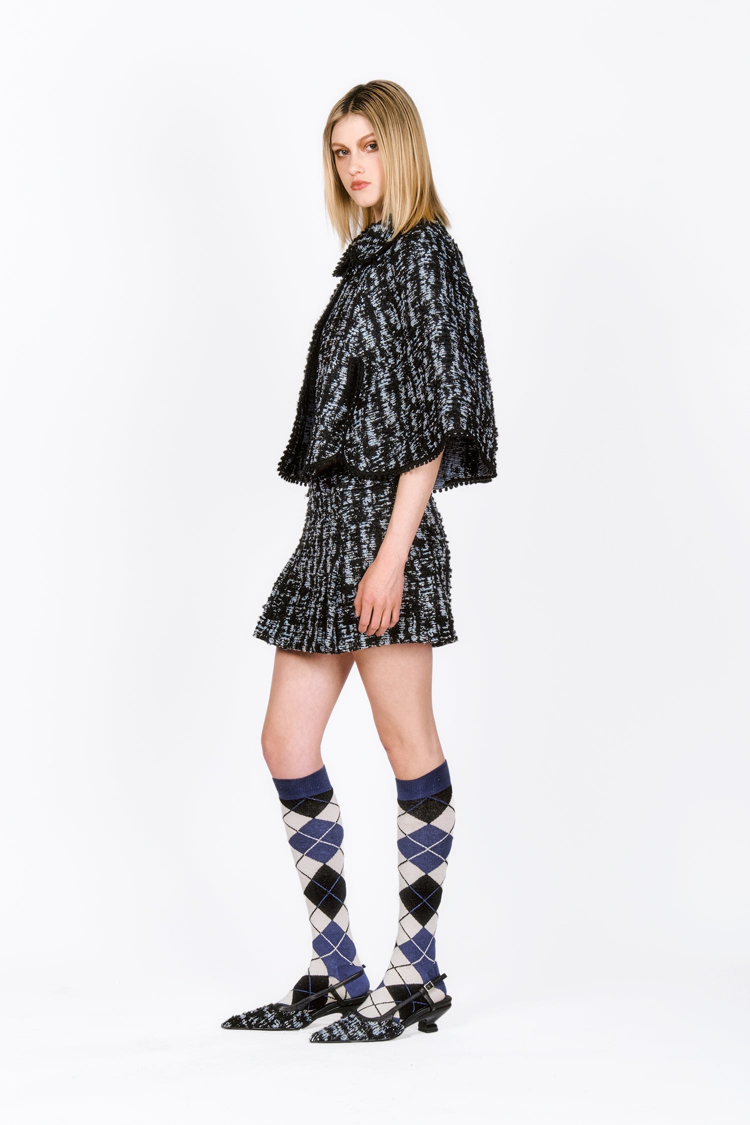 Cornflower Tweed Pleated Mini Skirt